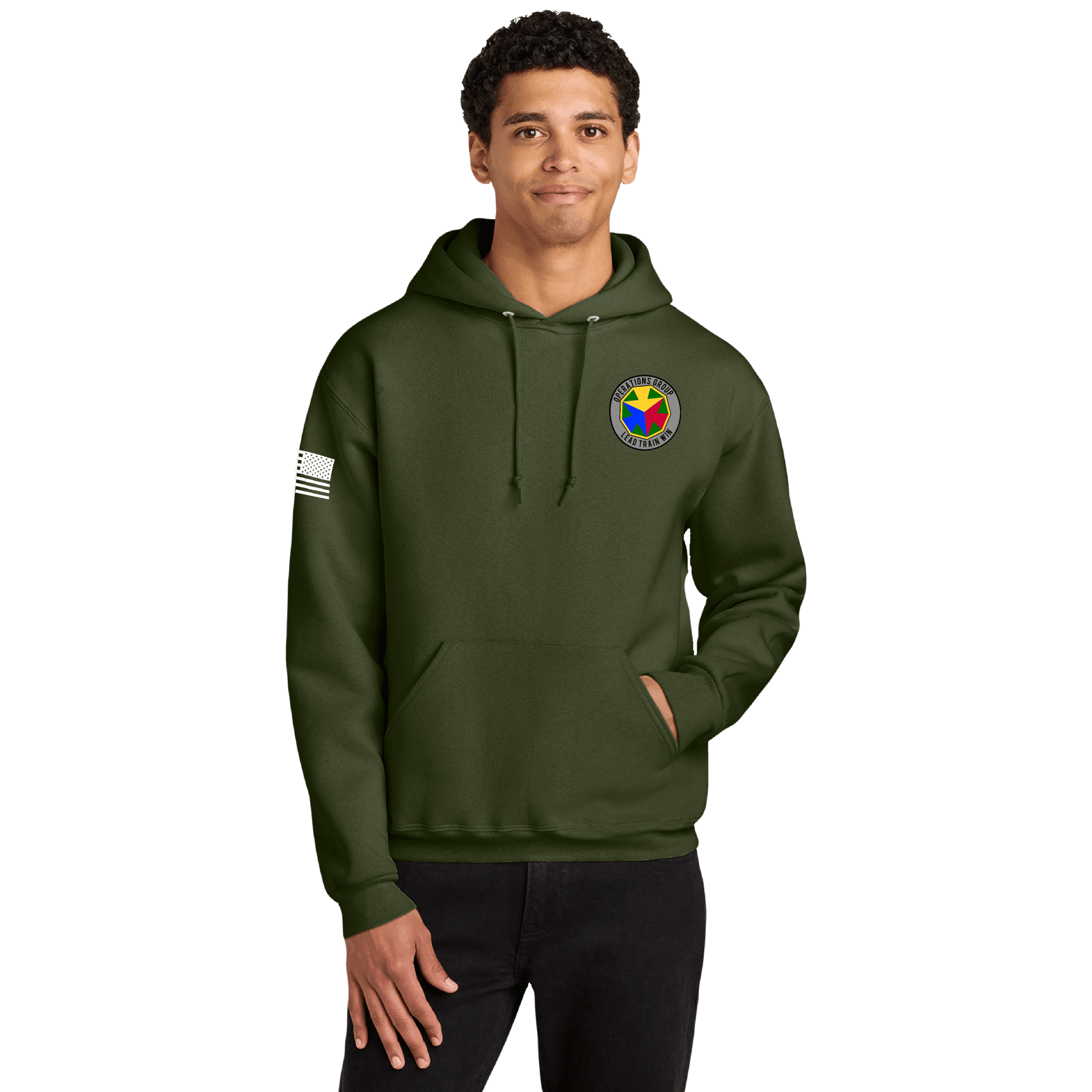 Person wearing an olive-green hoodie with a multicolored round chest logo and a white striped patch on the left sleeve.