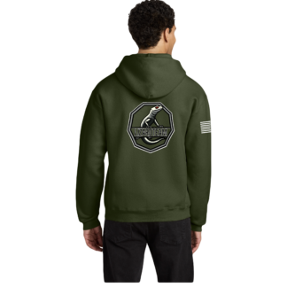 Back view of a person wearing an olive-green hoodie with a shield-shaped patch featuring a lizard logo on the back.