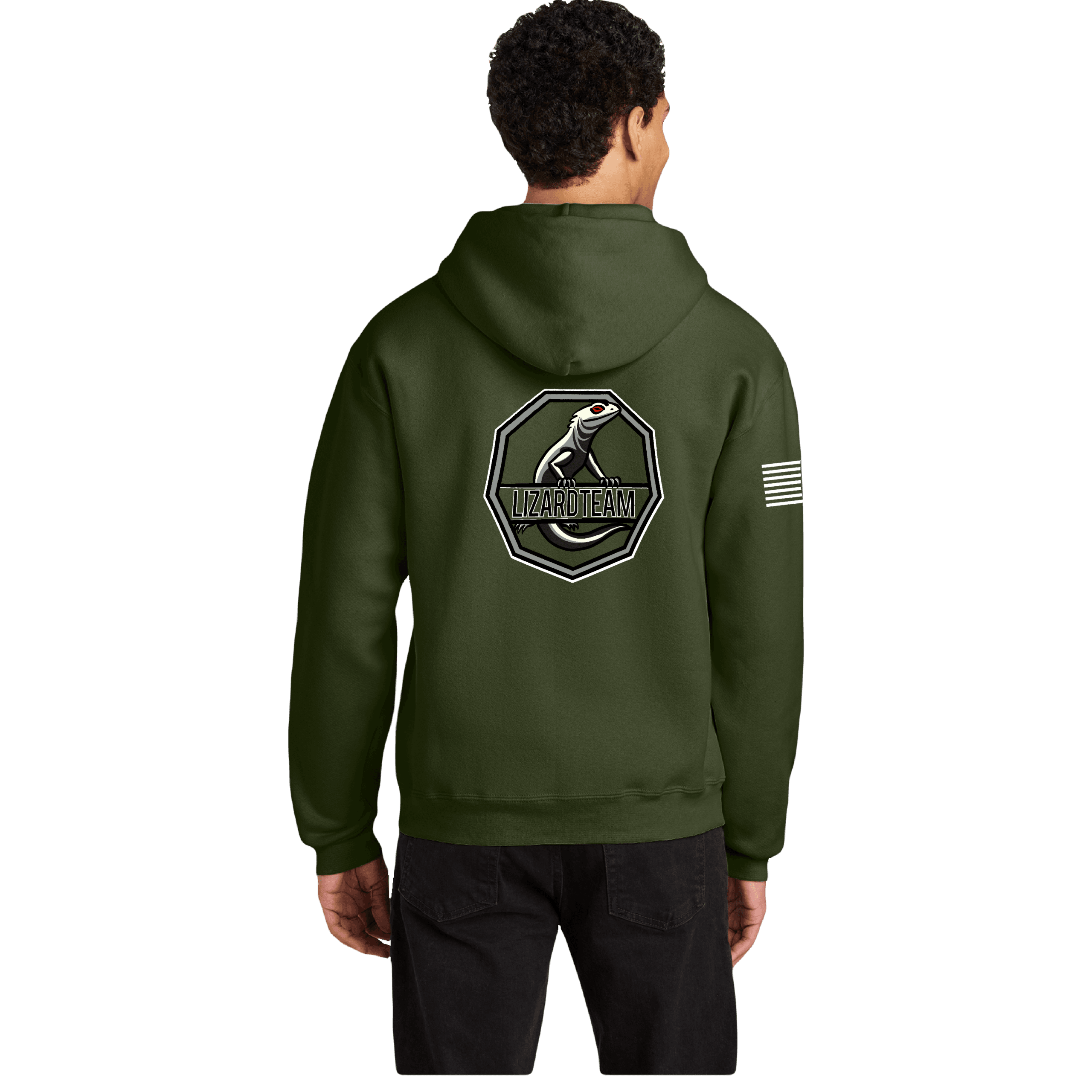 Back view of a person wearing an olive-green hoodie with a shield-shaped patch featuring a lizard logo on the back.