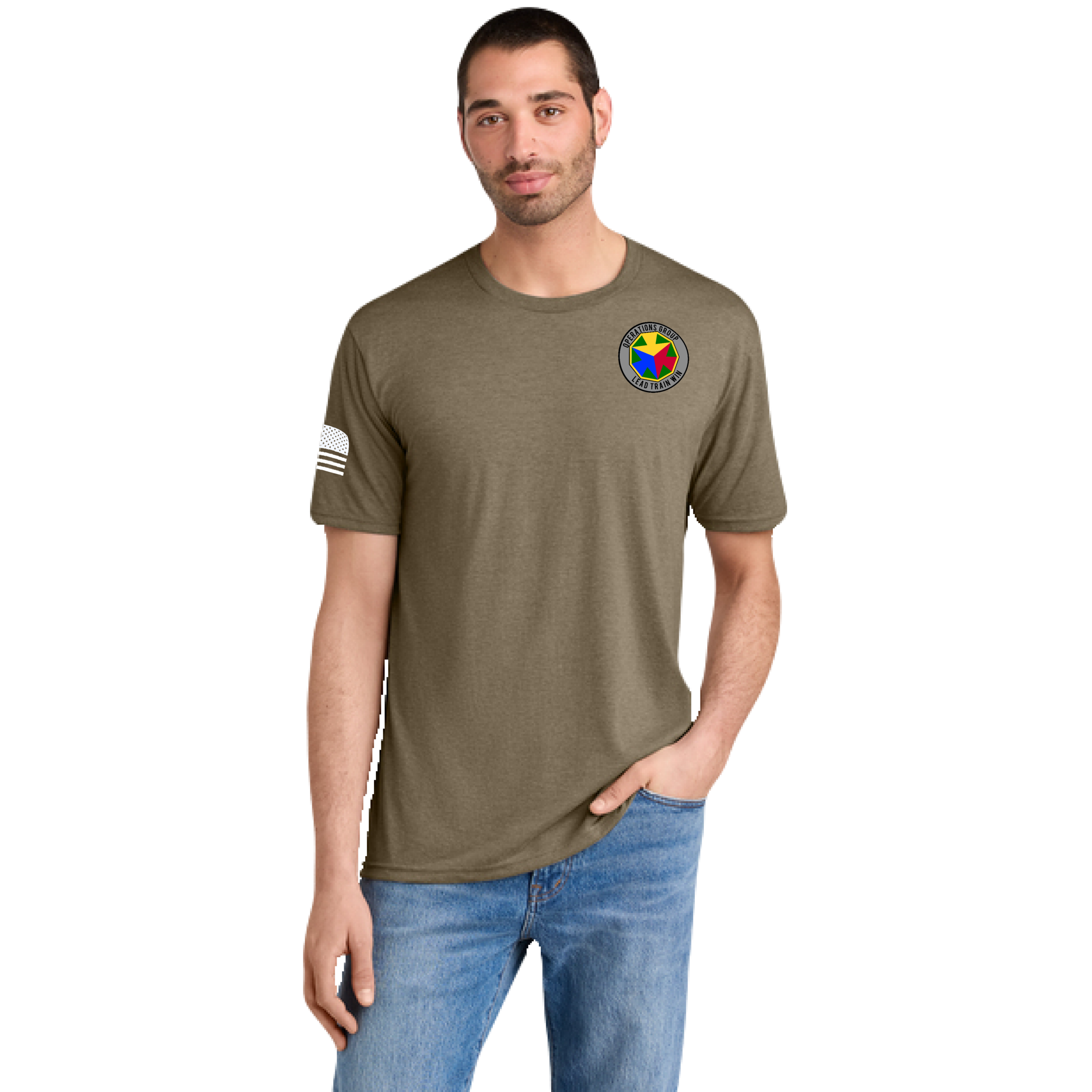 Man wearing olive t-shirt with circular multi-color patch on chest, standing with arms at sides