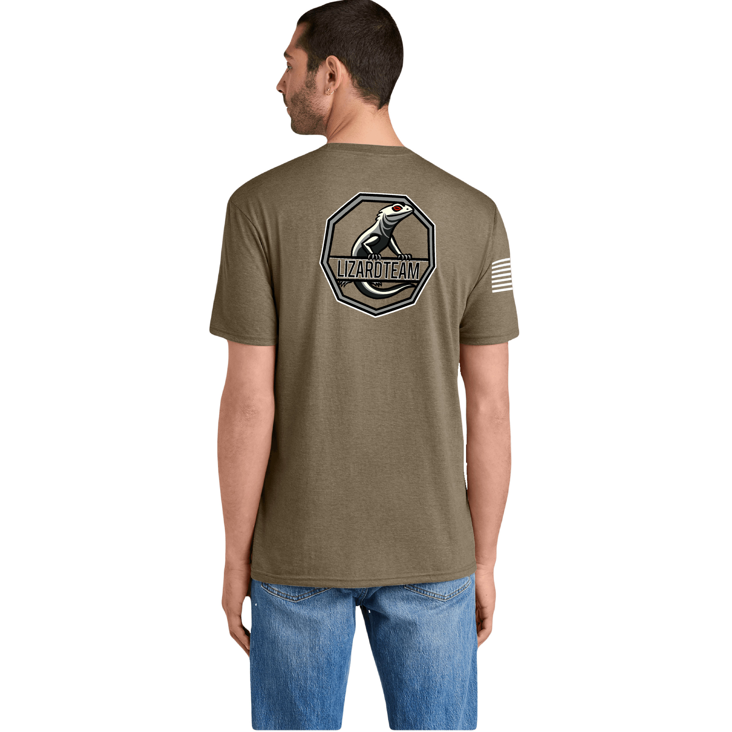 Back view of a man wearing an olive T-shirt with a large patch on the back featuring a stylized lizard and the text 'LIZARDTEAM' inside a shield frame.